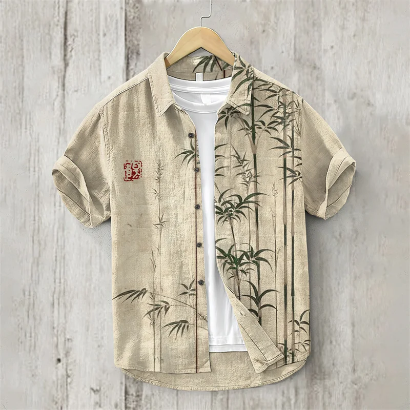 Linen shirt-2024 summer men's lapel short-sleeved T-shirt casual printed shirt elegant and comfortable tops new clothes XS-5XL