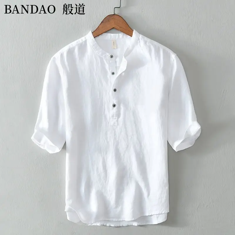 Chinese Style Spring and Summer Loose High-end Men's Linen Short-sleeved Cotton Linen Casual Breathable Shirt Collar T-shirt