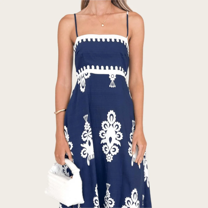 Summer Boho Backless Spaghetti Strap Dress for Women Ethnic Style Slim Fit Sleeveless Casual Holiday Sundress