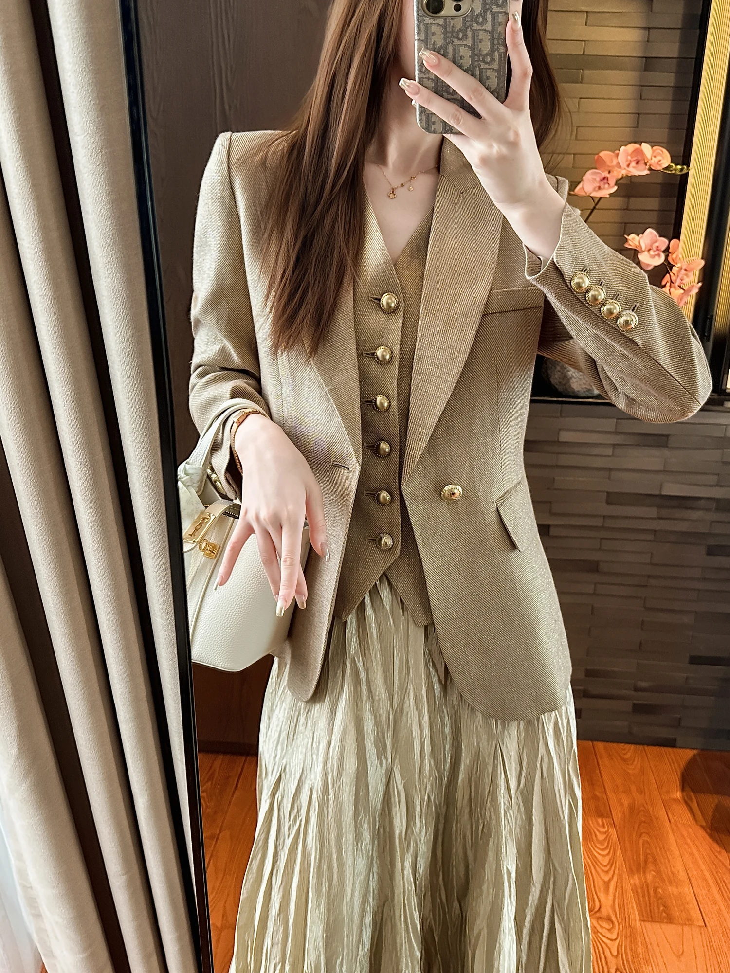 

Ele Golden Tead Linen Suit Jaet for Women by You See Perfect for Office Wear Autumn Season Loose Fit Commute Sle