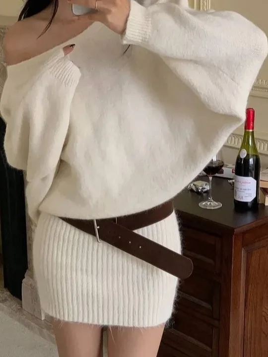 

Корейская вязаная юбка-обертка с поясом на талии и одним открытым плечом для женщин, осенне-зимняя короткая юбка, базовая юбка-поддевка