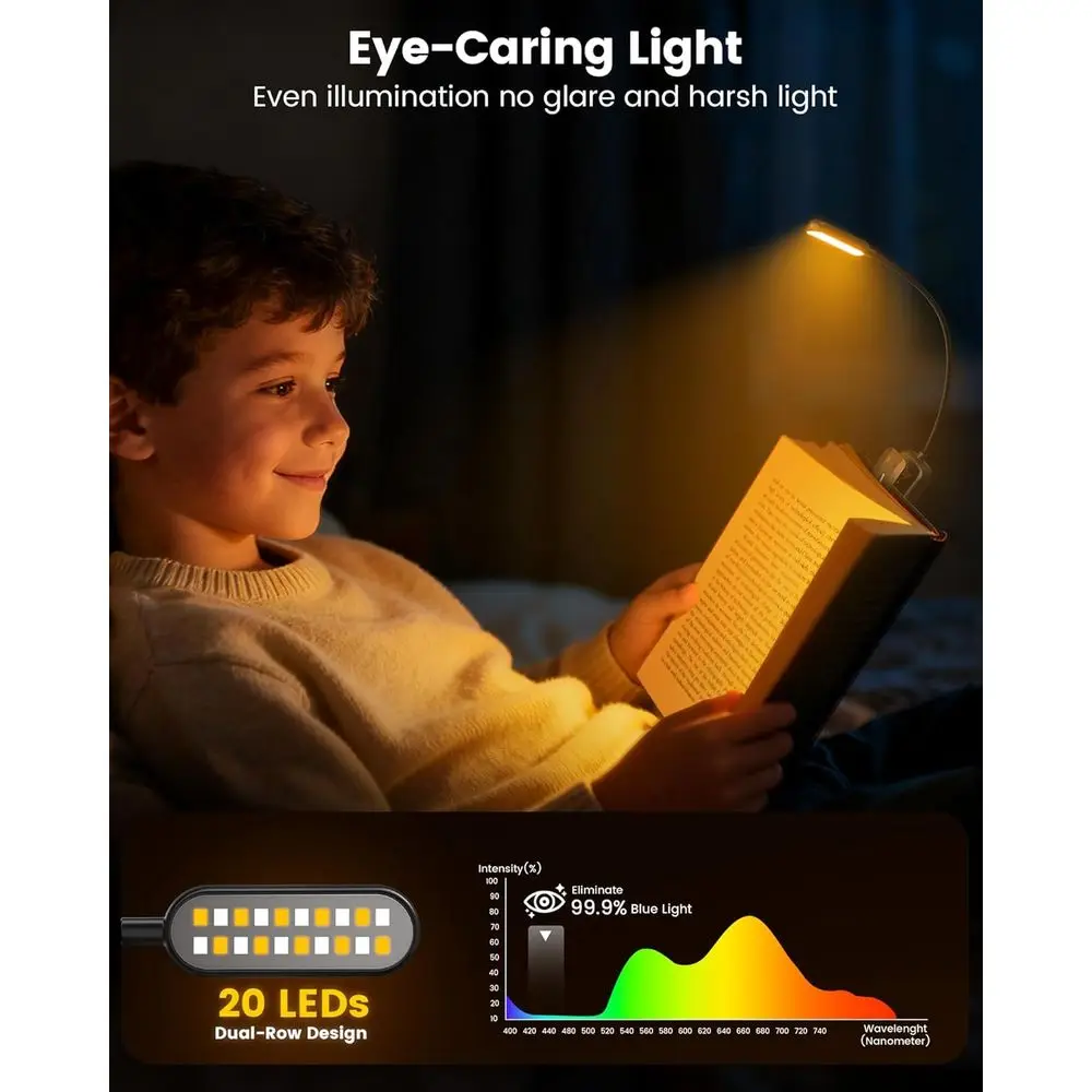 LED Reading Light for Bedtime Books, Eye-Care Adjustable Brightness, 90-Hour Rechargeable, Lightweight Clip-on for Book Enthusia