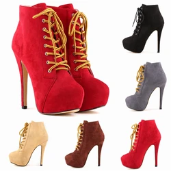 Size 35-43 Western Style Women Lace-Up Casual Motorcycle Boots High Heels Round Toe Red Black Flock Platform Winter Female Shoes