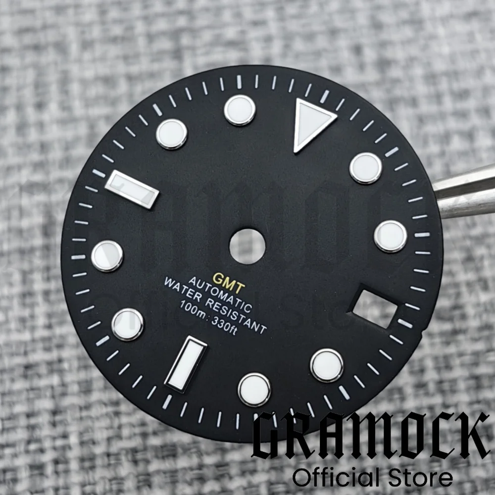 Gramock New 29mm Frosted Watch Dial Black Dial Yellow GMT Text Black Gold Rose Edge Fit NH34 Movement C3 Green Luminous