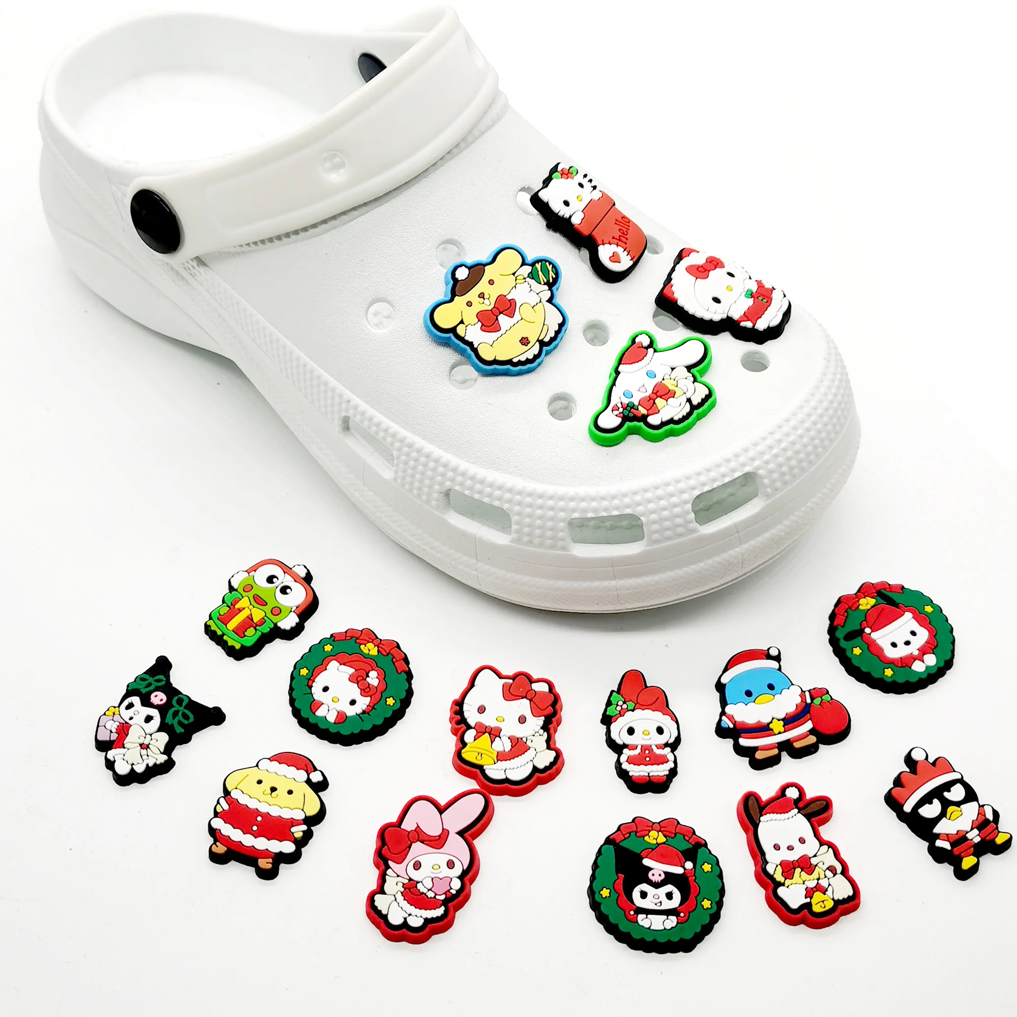 Sanrio 16pcs Christmas Kuromi Hello Kitty Shoes Charms for Sandals Decoration PVC Shoe Accessories Charms for X-mas Day Gifts