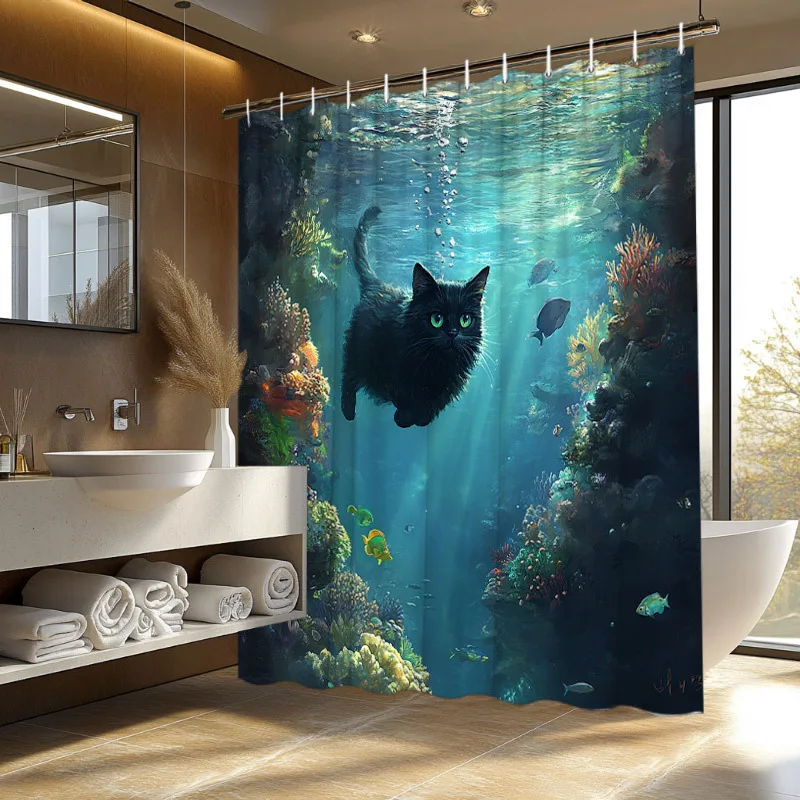 Black Cat Swimming Through Coral Reef Shower Curtain – Whimsical Underwater Scene with Green-Eyed Cat