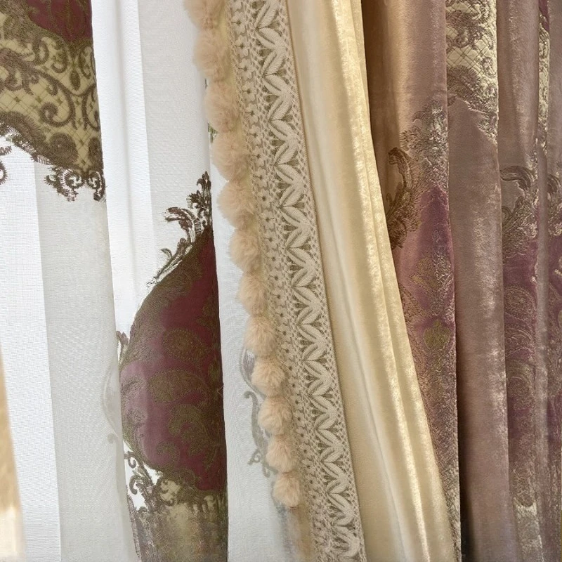 

European Luxury Pink Curtains for Living Room Bedroom Dining Blackout Embroidered Velvet Patchwork Custom Size Valance Tulle