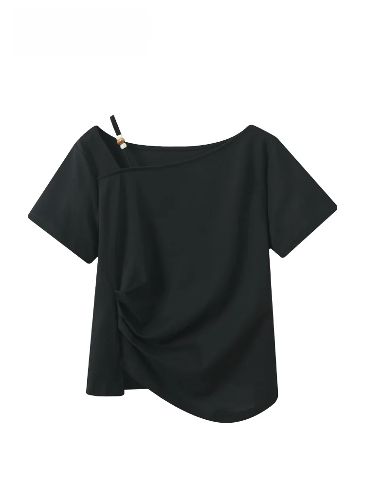 

Summer New Casual Large Size Women's T-shirt Strap Shoulder Short Sleeve Irregular Top Cotton round Neck Pear Shape Fit