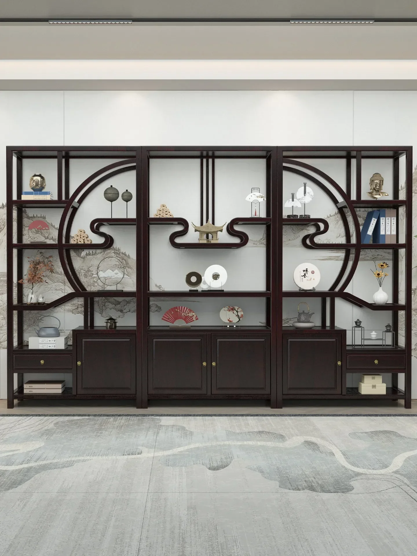 V29 Ebony Solid Wood New Chinese Style Duobao Pavilion Living Room Partition Entrance Shelf Display Cabinet