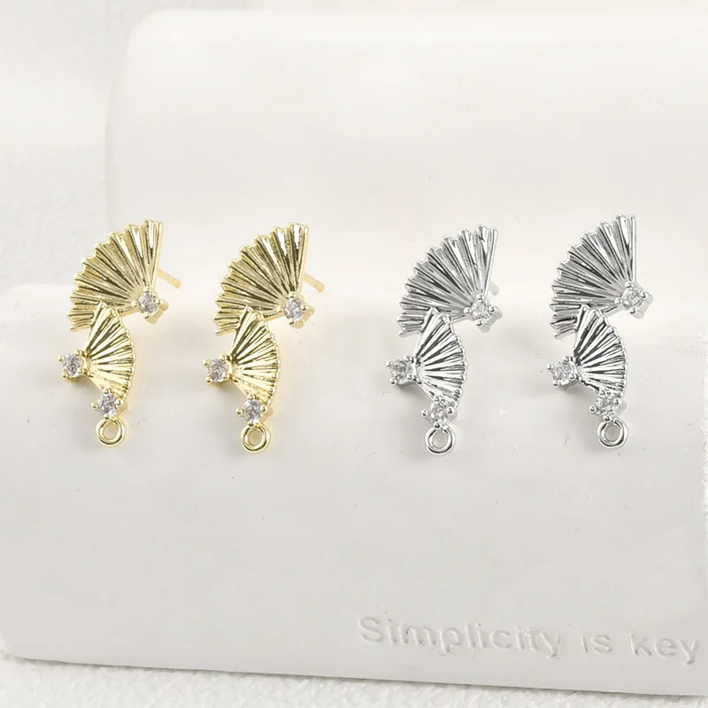 14k Electroplated Real Gold Color Retention Antique Fan Zircon Stud Earrings DIY Handmade Earrings Accessories Material