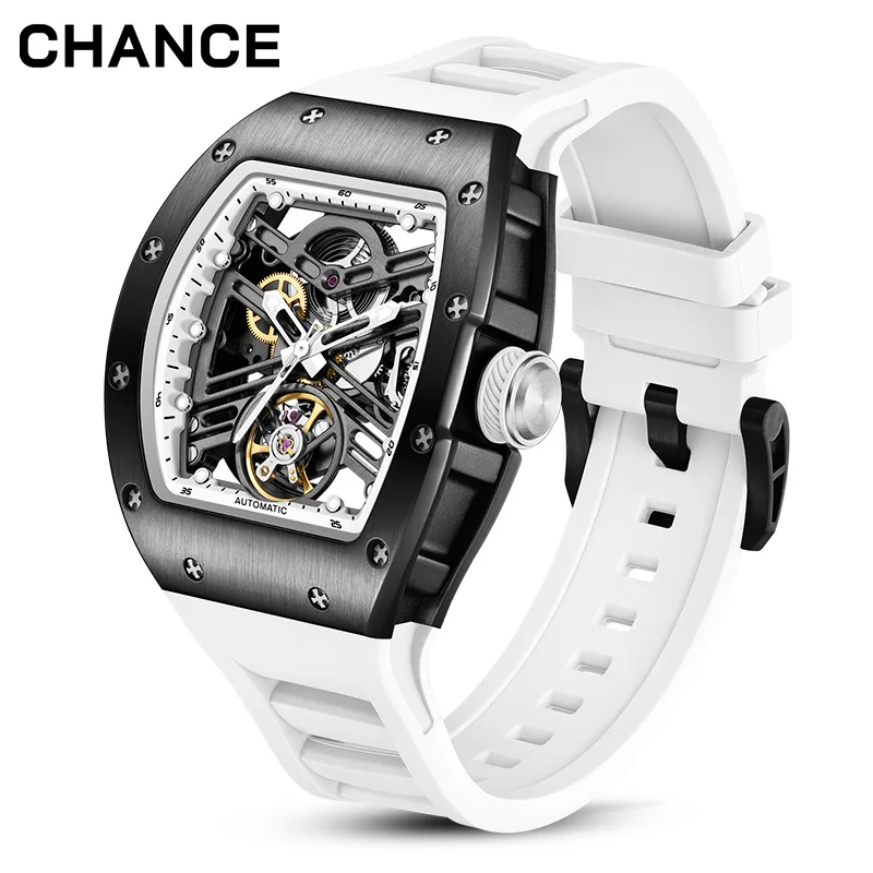 CHANCE Sports Style Automatic Mechanical Watch for Men Full Hollow Transparent Dial Design Stainless Steel Case Silicone Strap