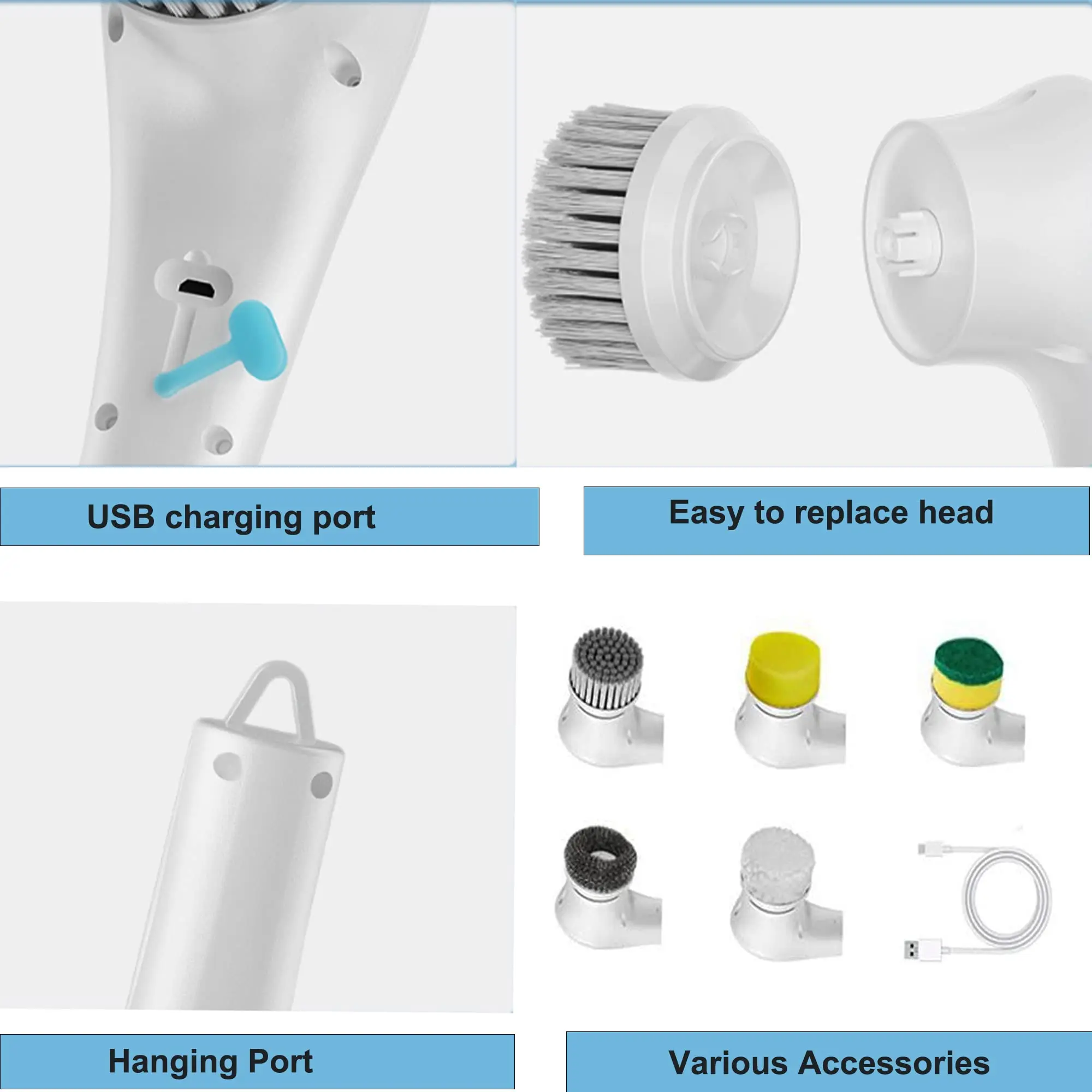 5 IN 1 Electric Spin Scrubber Cordless Handheld Cleaning Brush with 5 Replaceable Brush Heads USB Rechargeable 360°Power Scrubbe