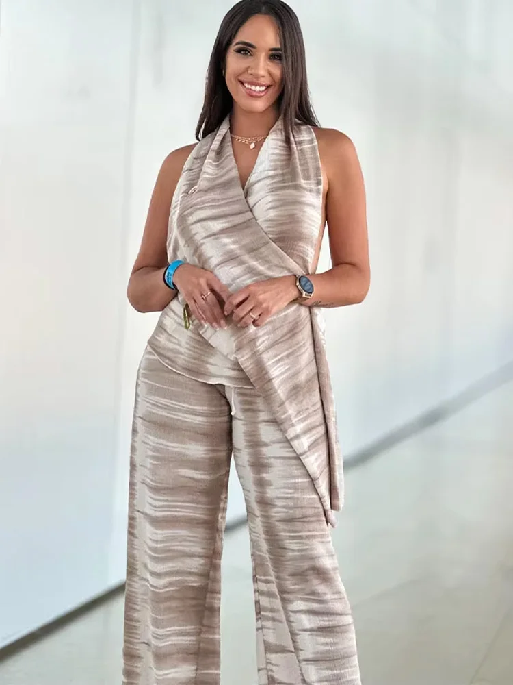 HH Women Summer Fashion Casual Backless Tie-dye Tops 2 Piece Set Vintage Lace Up Elastic Waist Wide Leg Pants Suits TRAF