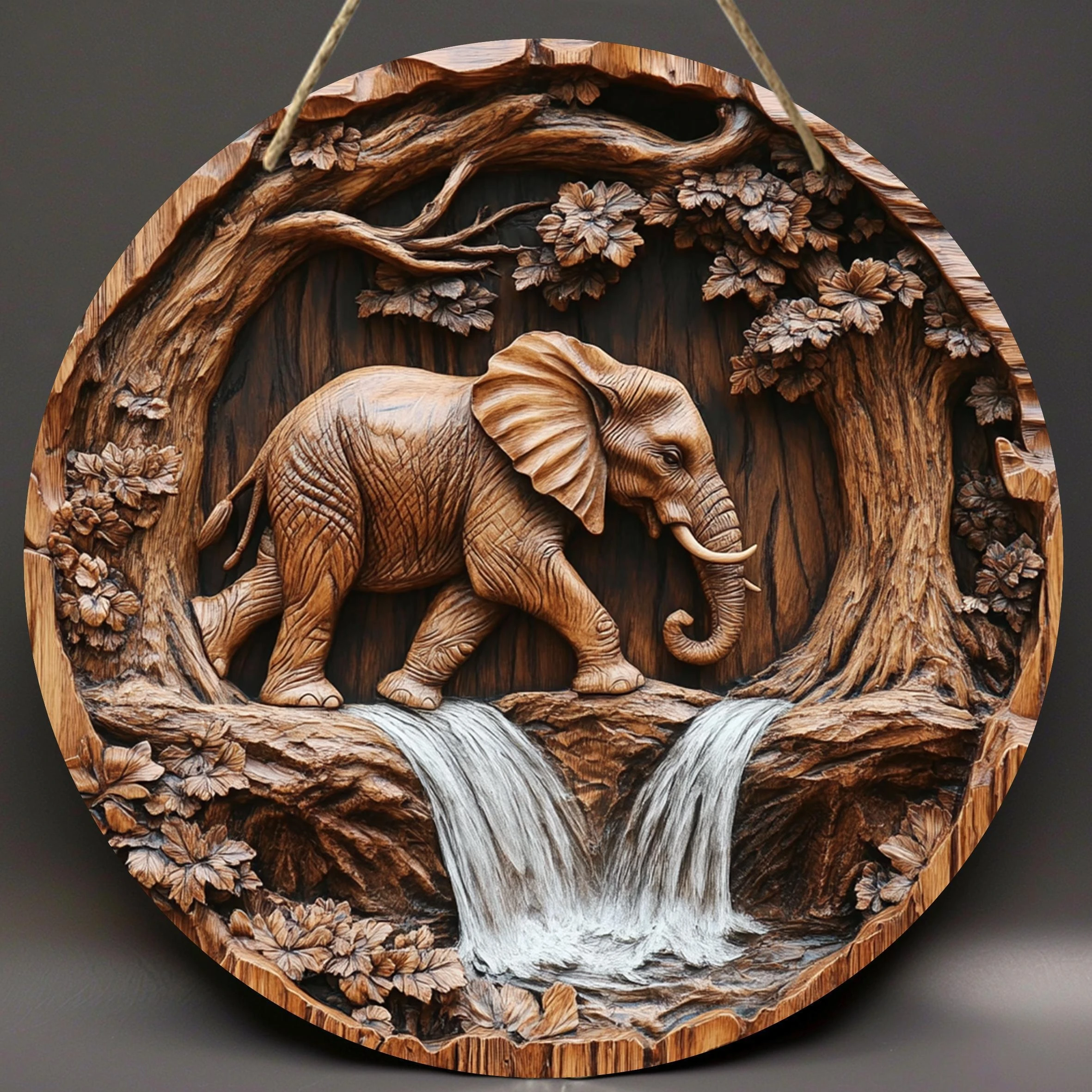 1 Pcs 2D Wooden Hanging Sign Vintage Elephant Theme 8 Inch Round Sign Home Bar Garage Cafe & Garden Lucky Pray Elephant Decor