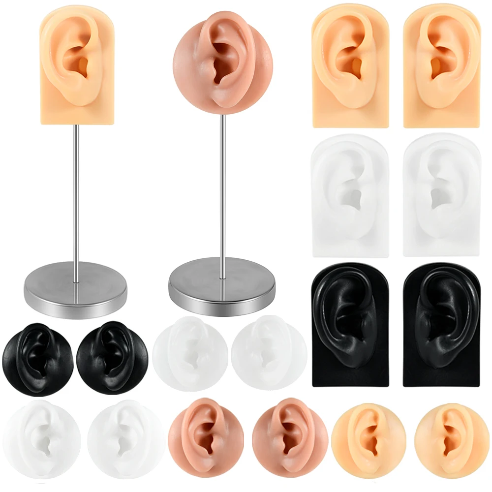 1PC Stainless Steel Display Stand Soft Silicone Ear Model For Jewelry Display 1:1 Human Ear Model Teaching Tools Practice Ear