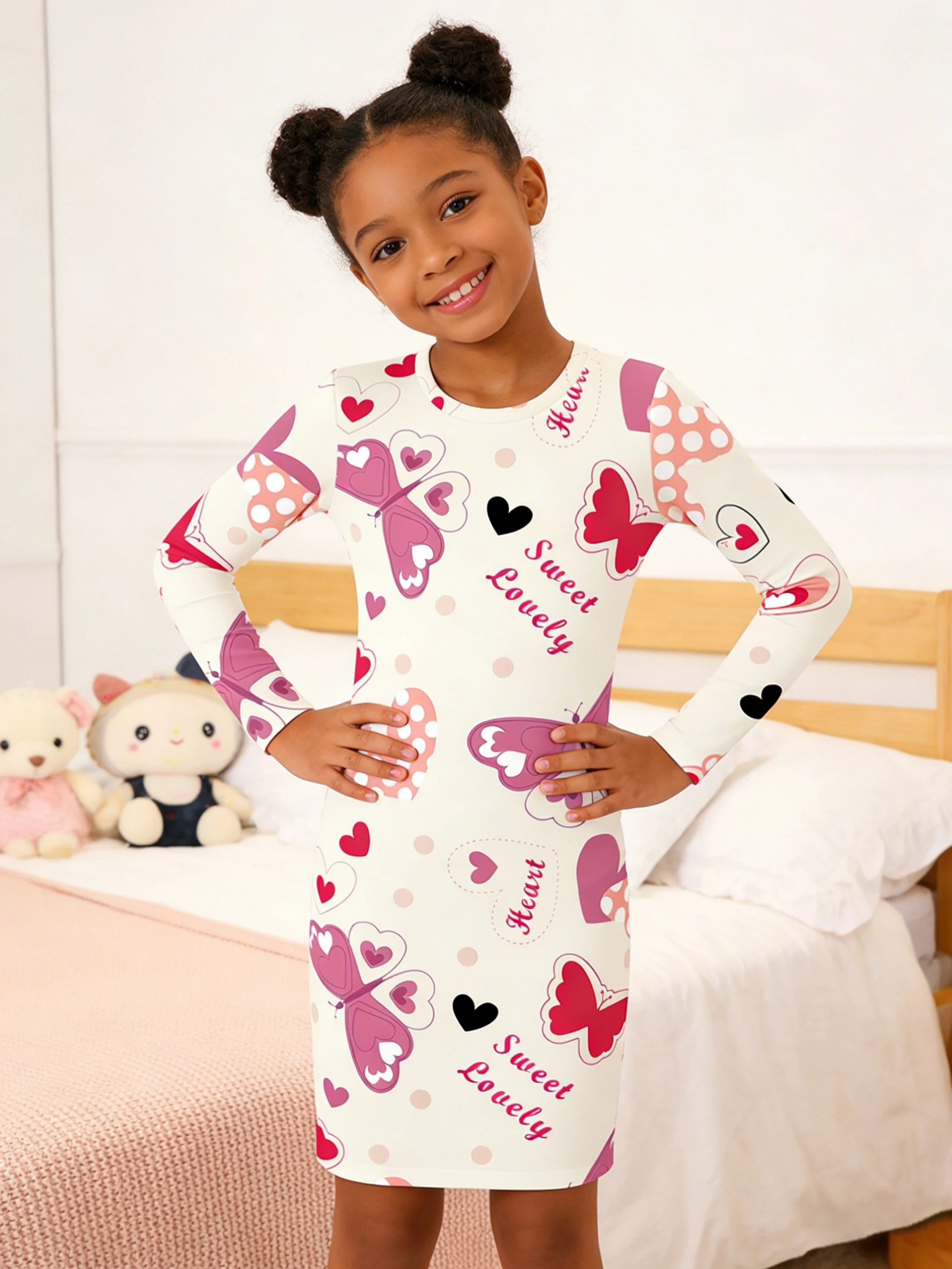 2026 girls beige bottom pink purple butterfly love polka dot letter full print long sleeve slim dress
