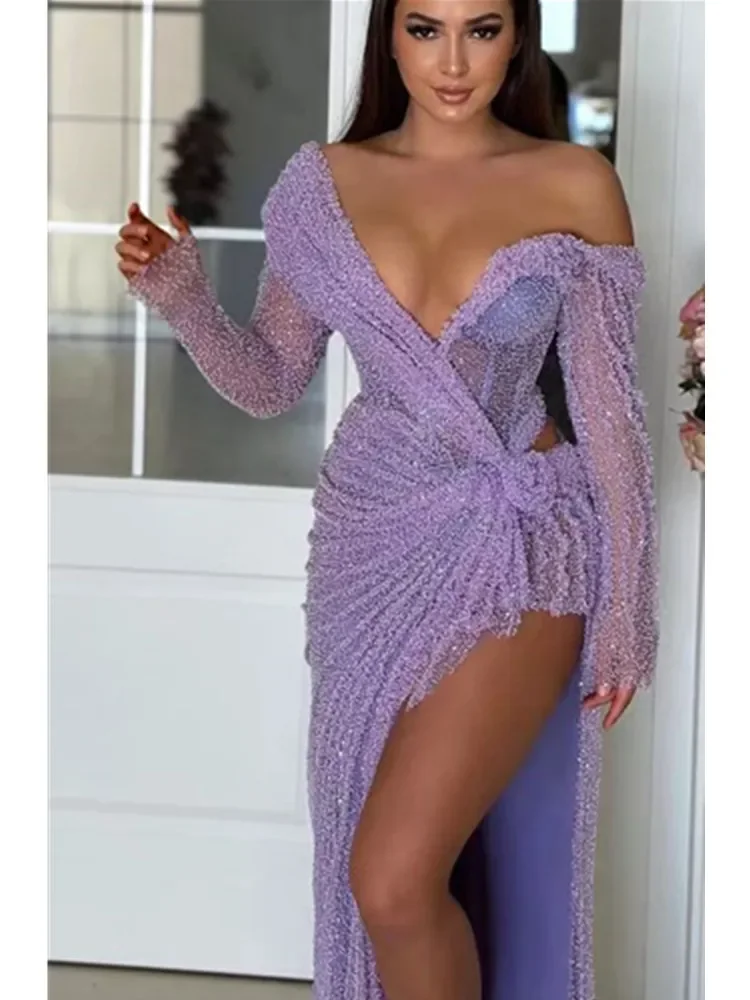 Women Luxury Light Purple Prom Gowns Off Shoulder Long Sleeve Asymmetric V Neck Open Leg Bright Mesh Evening Party Dresses