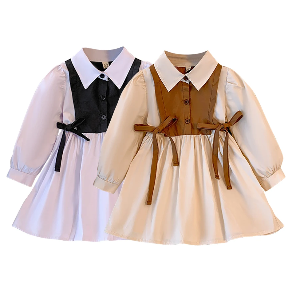 

Girls College Style Dress Autumn New Item Childrens Lapel Fake Two-piece Shirt Dress Long Sleeved Bow Dress Girls Casual Dresses