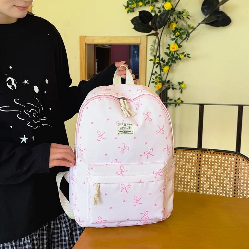 Good-looking Fresh Bow Printed Cute Student Backpack, Light Multi-functional Spacious Bag for Campus Daily Use & Outdoor Travel