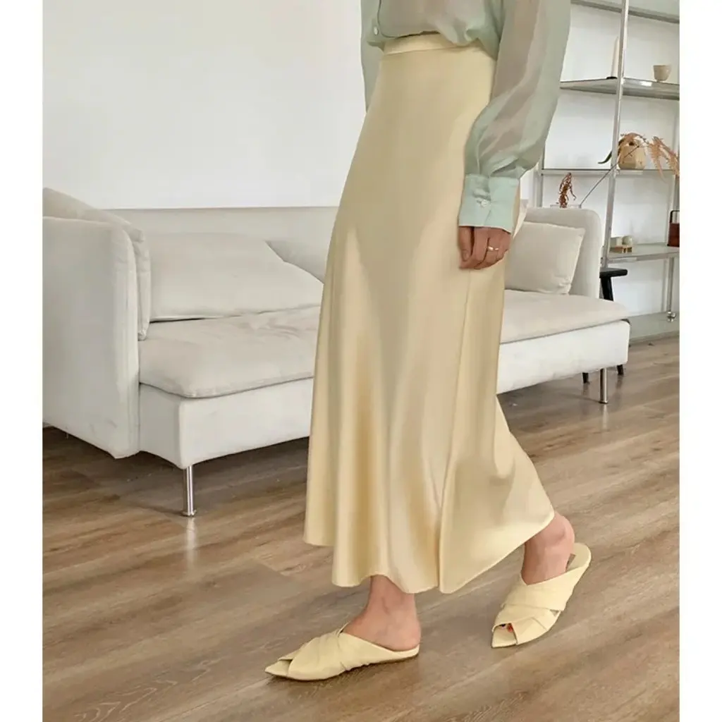 

Love And Nancy Women's Slim A-Line Skirt 13 Lines Acetic Acid Satin High Waist Moonlight Design for Summer