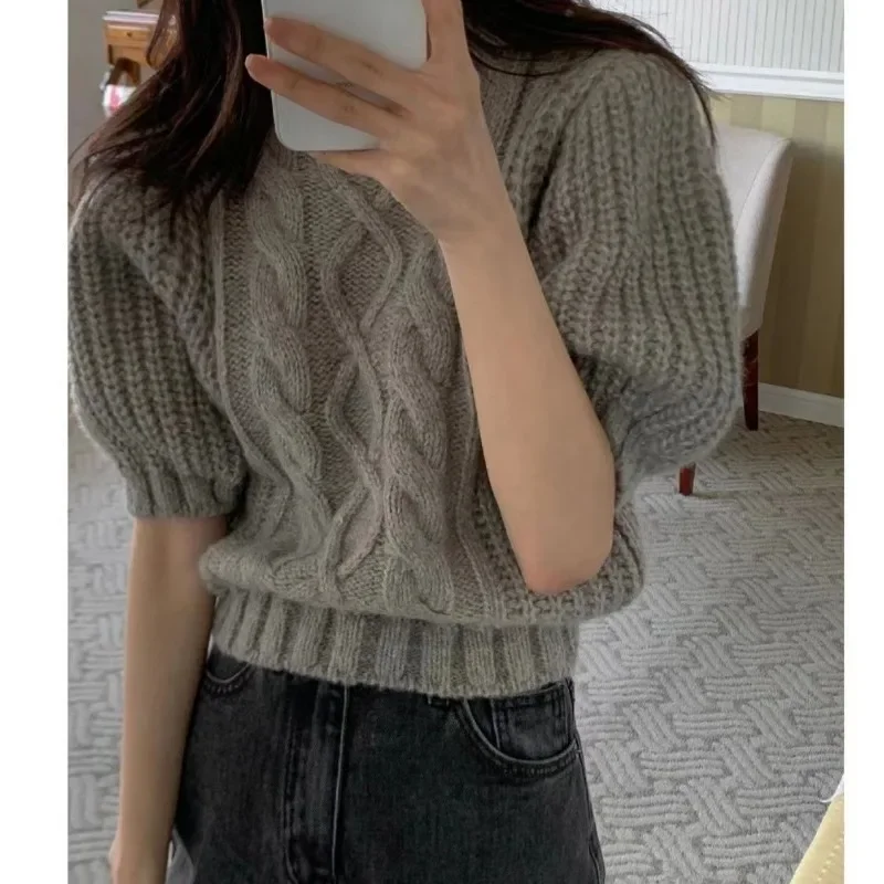 Sueters Mujer Solid Color Puff Short Sleeve Sweater Women Pullover Jumper Pull Femme Knitwear Tops Casual Grey Sweaters Female