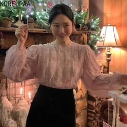 Korejpaa French Gentle Blouse 2024 Spring New Round Neck Lace Patchwork Long Sleeve Tops Mujer Sweet Casual Blusa Feminina