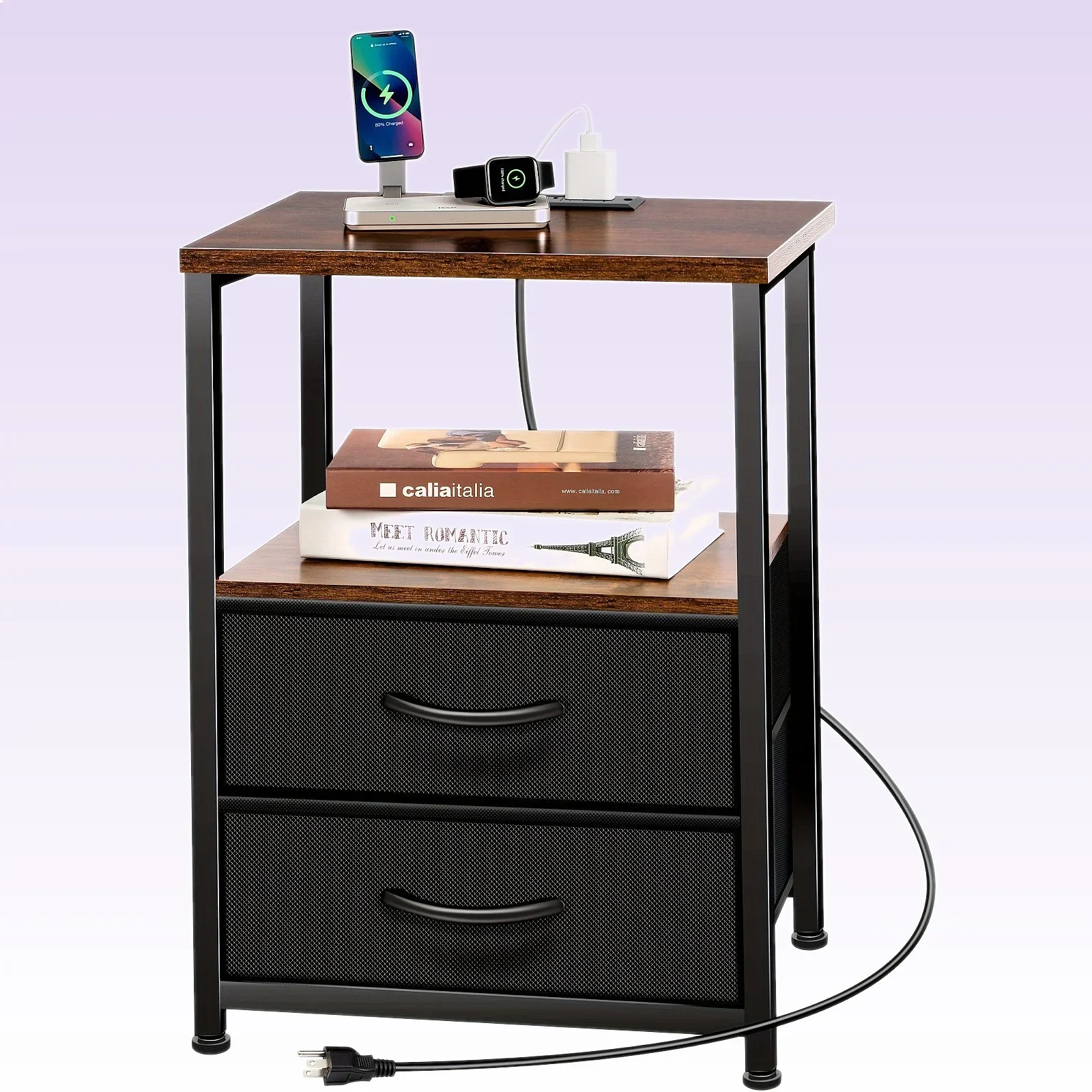 2 Pack Nightstand Set with USB Charging Station, 2-Drawer Bedside Table