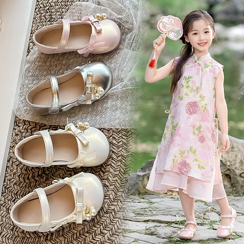 

Girls Fashion Leather Shoes 1-18 Years Old Bow Pearl Girls Dress Shoes with Shoe Box Soft Non-slip Children Baby Single Shoes