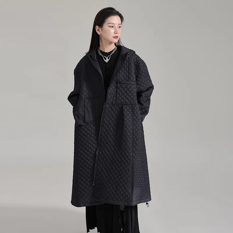 Argyle-Veste matelassurera longue pour femme, Parkas noires, Manteau à capuche, Fermeture éclair, Volants, Poches décoratives, Vêtements