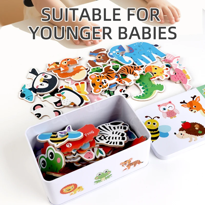 Iron Box Wooden Puzzles Baby Puzzle Animal Traffic Fruit Matching Games Montessori Educational Toys Gifts For Kids Girls Boys