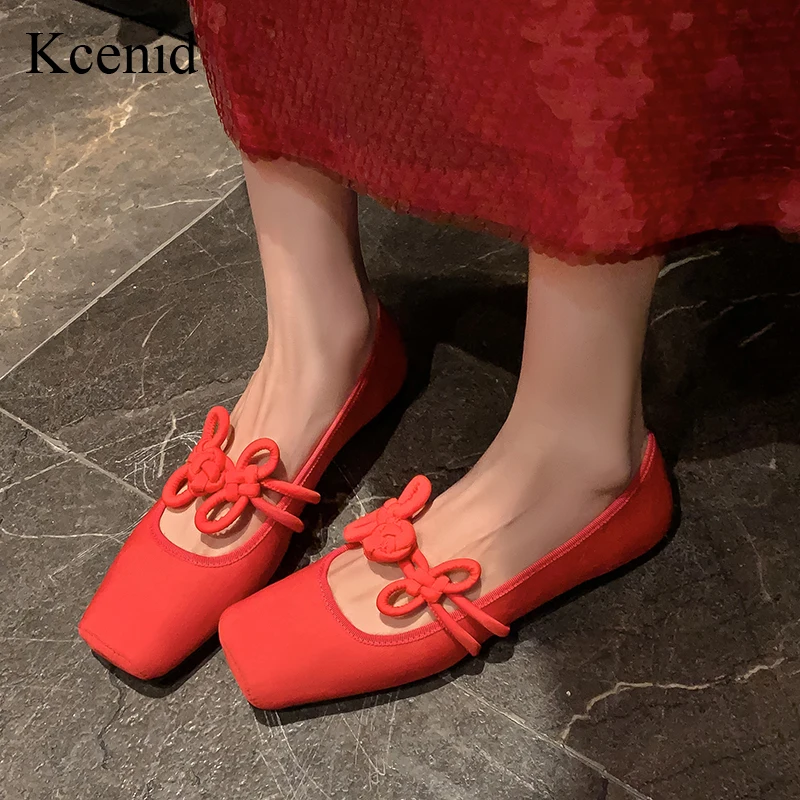 

Kcenid Women's Red Chinese Knot Ballet Dance Flats Silk Square Toe Shallow Mouth Comfortable Wedding Party Shoes 2025 New