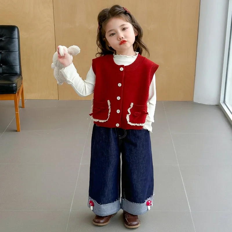 Mädchen Frühling Herbst Kleidung Set Kinder Weste + Basis Shirt + Jeans Drei-Stück Set Kinder Süße Anzug – Detail 15