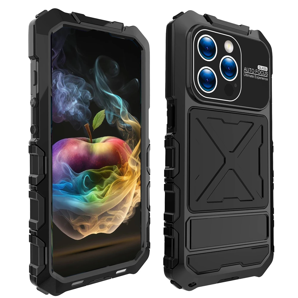 Heavy Metal Shockproof Case For iPhone 15 Pro Max 15 Plus Military Armor Anti-Fall Silicone Bumper Protective Kickstand Cover