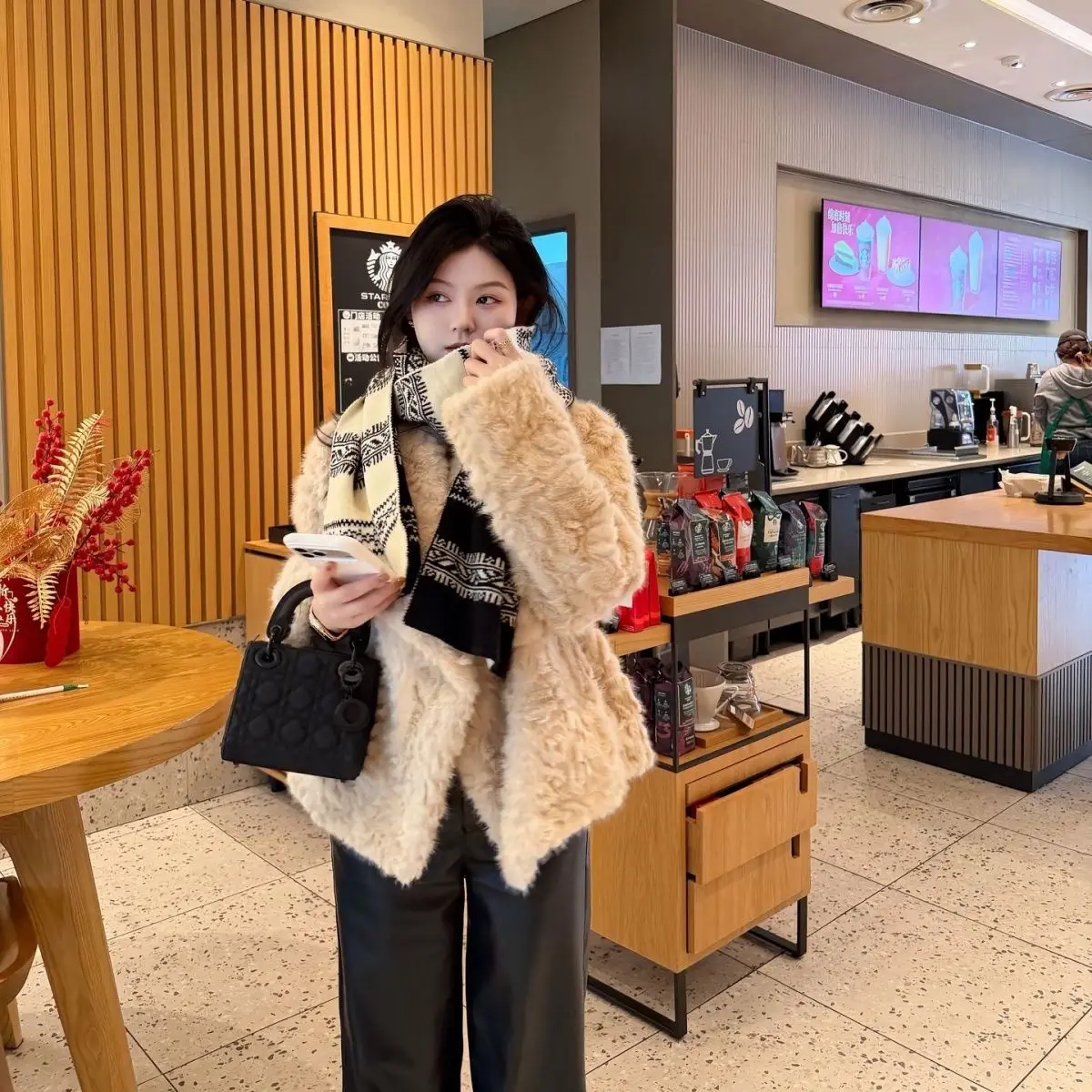 

Faux Fur Wrap Coats Womens Christmas Tender Slim-Fitting Elegant O-Neck Turtleneck Minimalist Harajuku Flocking Double-Button OL