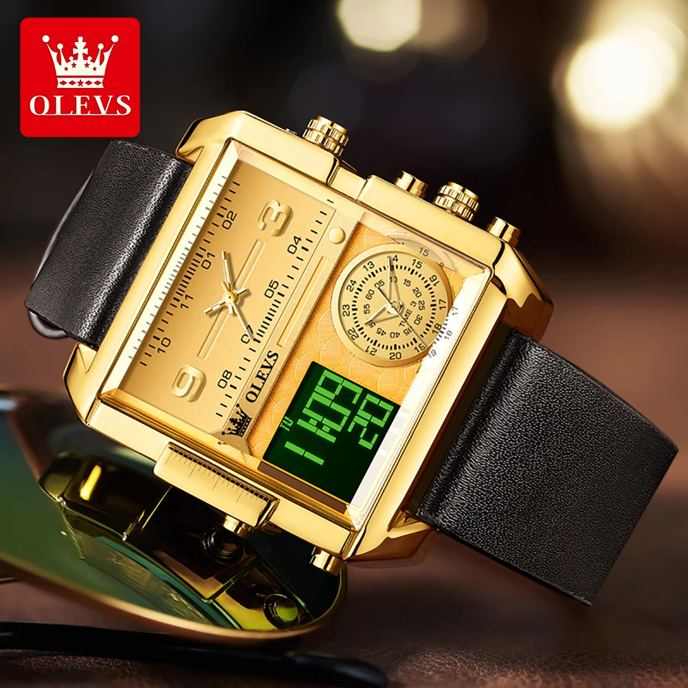 OLEVS 1101 Man Watch Fashion Leather Strap Electronic Watch Square Quartz Men's Watches Dual Time Zone Alarm Luminous Stop Watch