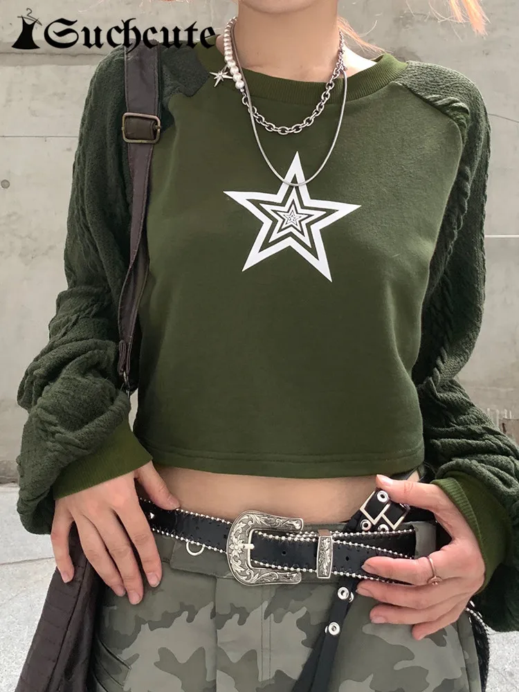 

SUCHCUTE y2k Star Print Sweatshirt Grunge Vintage Sweater Patchwork Long Sleeve Casual Pullovers Streetwear Crop Sweatshirts 90s