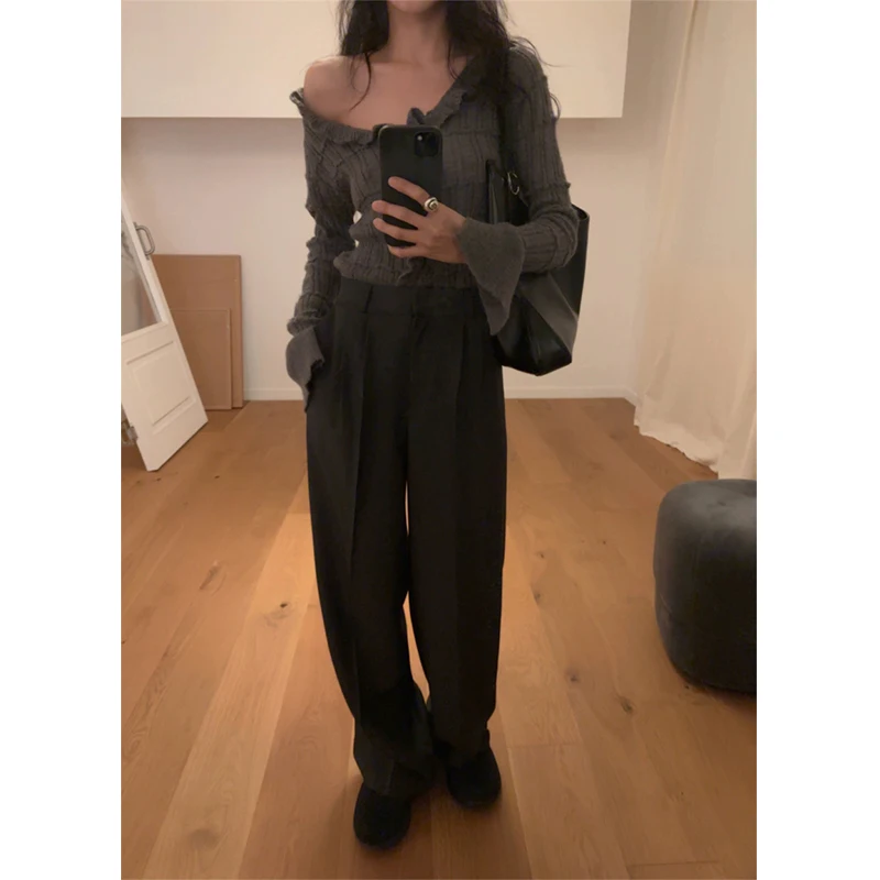 Sli Knitted Sweater with Large Collar And Straight Casual Pants for Women Spring Faion Low round Ne Long Sve Singl...