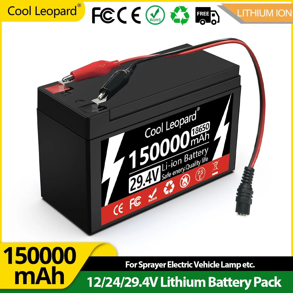 

High Capacity 18650 12/24/29.4V 150Ah Lithium Battery Pack Built-in BMS For Sprayer Electric Vehicle Lamp Li-ion Battery+Charger