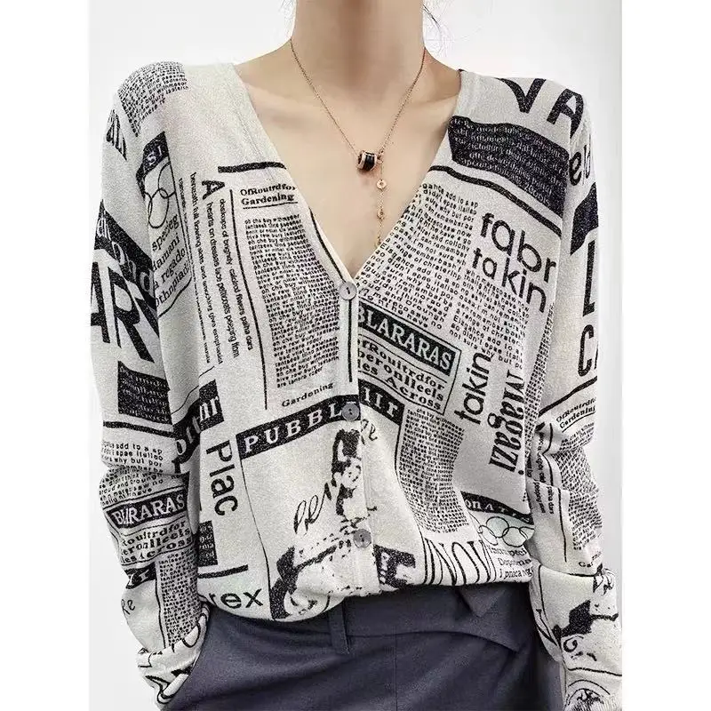 Graffiti Digital Jacquard Fine Imitation Fashion Wool Knitted Cardigan Women\'s 23 Spring Autumn Thin Loose Jacket Trendy Sweater