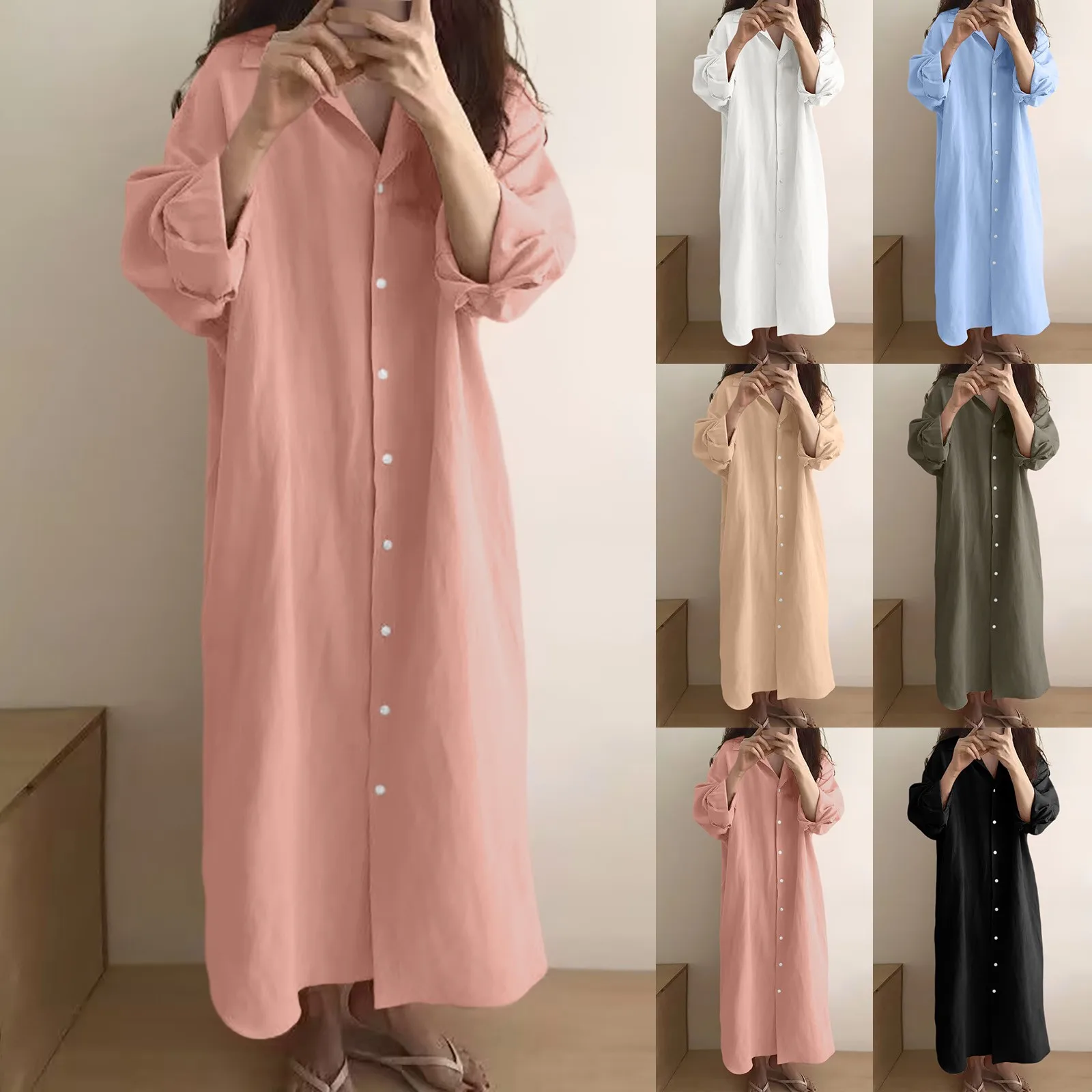 2024 Spring Summer Women\'s Blouses Solid Colour Linen Cotton Shirt Long Dresses Oversize Long Sleeve Loose Casual Dress Vestidos