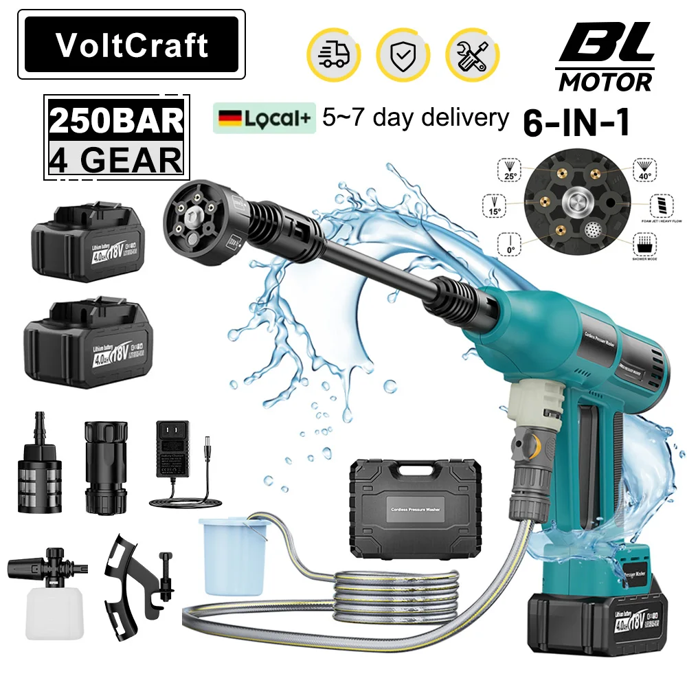 

250Bar Brushless Electric High Pressure Car Washer Gun 6-in-1 4 Gears Car Washing Garden Water Spray Gun for Makita 18V Battery
