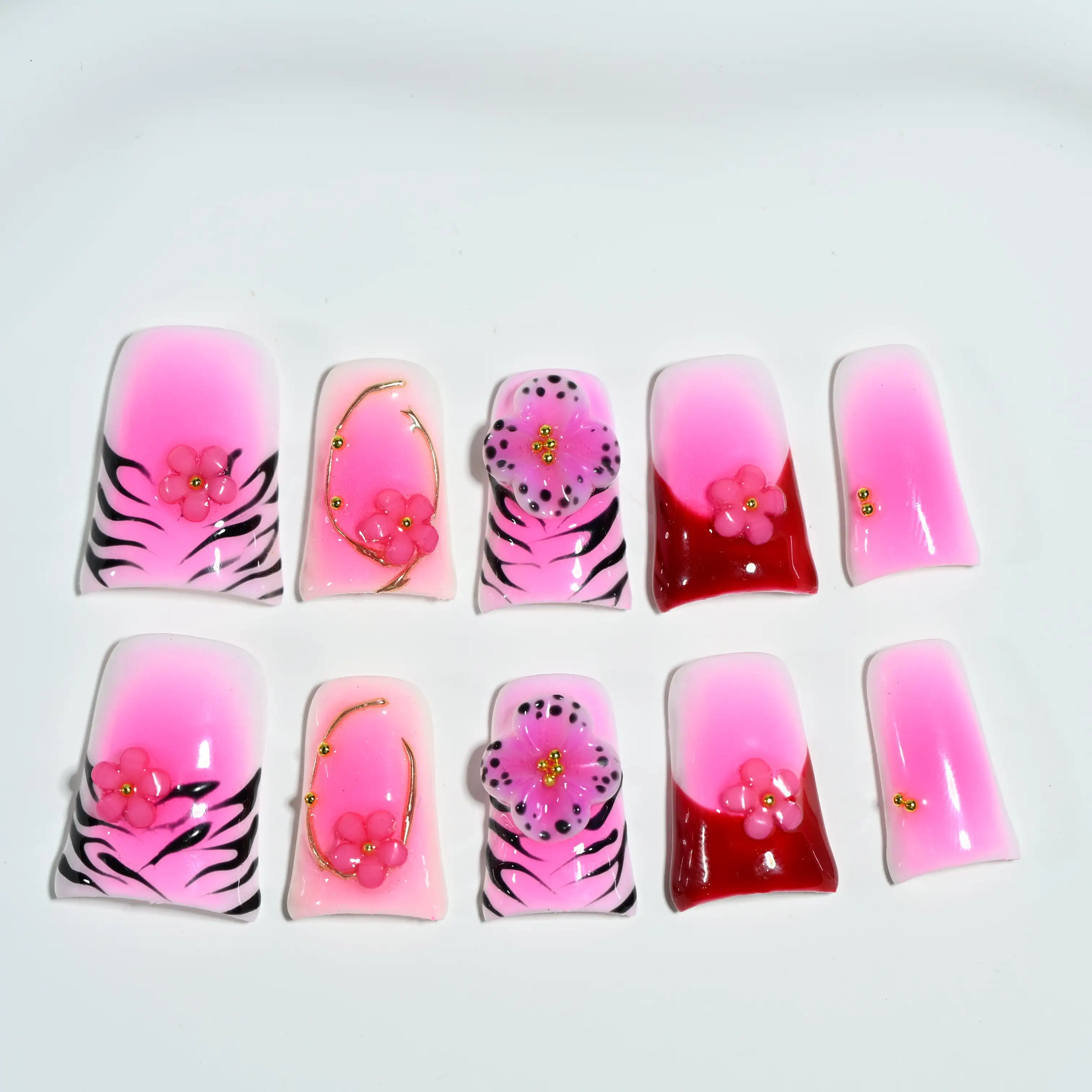 

Handmade Press On Nails, Pink Tiger Print Flower Short Duckbill Sweet-Edgy Nails