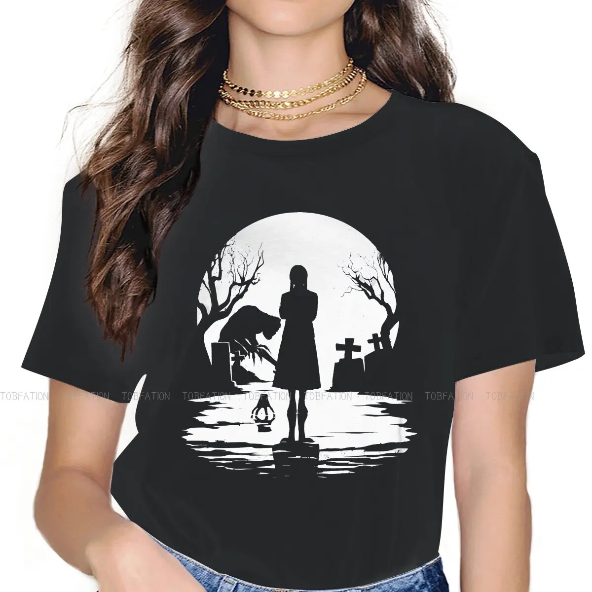 Addams Silhouette Cute Girls Women T-Shirt Wednesday Blusas Harajuku Casual Short Sleeve Vintage Oversized Tops