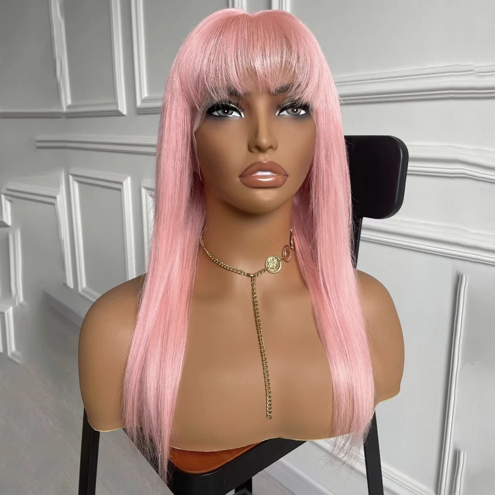 Natural Straight Light Pink Synthetic Lace Front Wigs with Bangs Pink Lace Hair Frontal Lace Wigs For Women Cosplay Daily Life