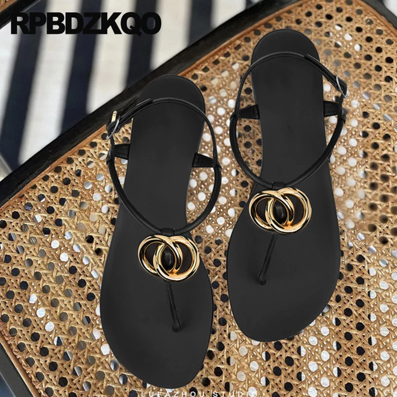 Ladies Summer Girls Embellished Thong Slingback Designer Shoes Women Luxury 2023 Black Flat T Strap Sandals Famous Brand Metal