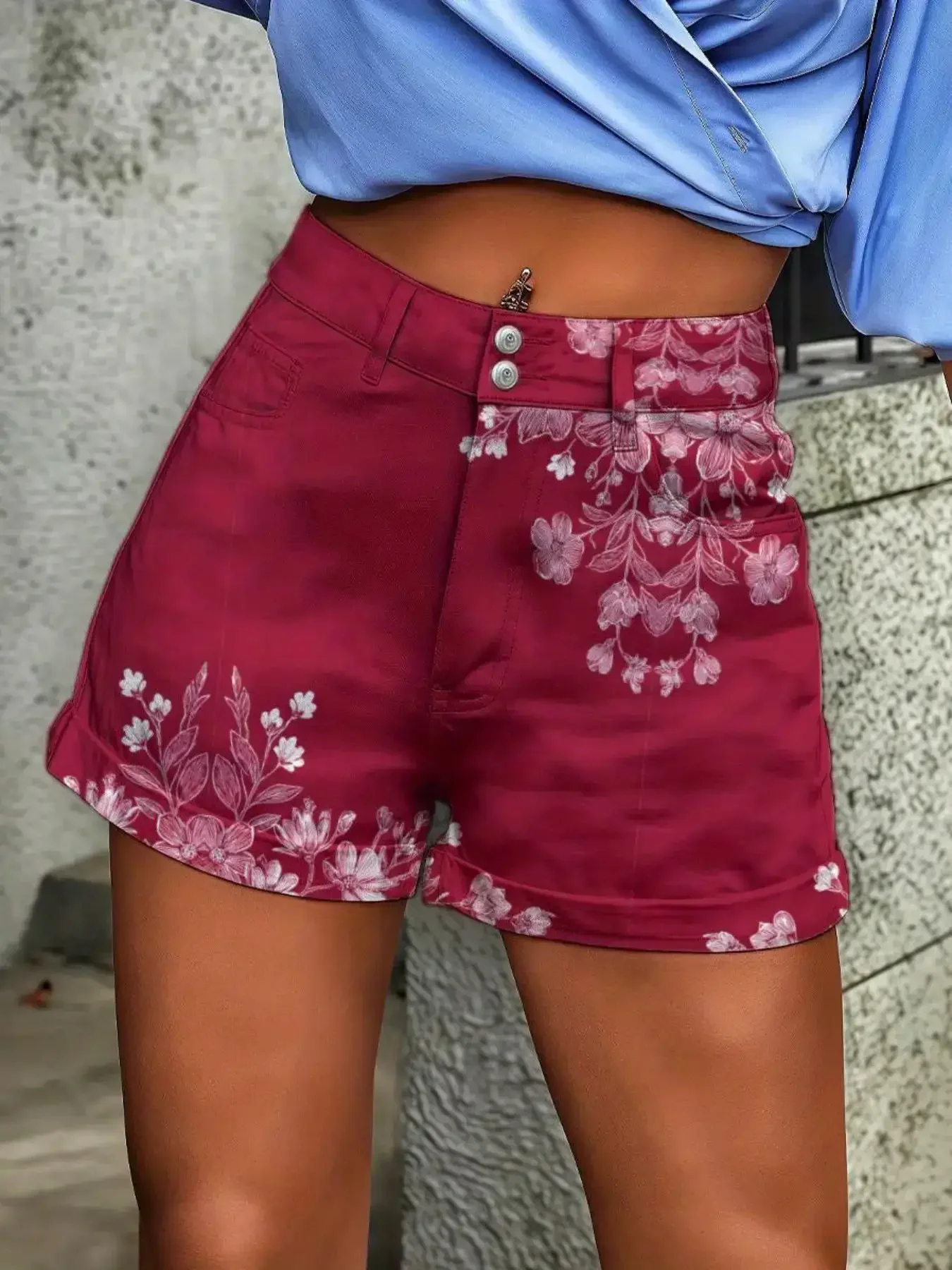 New women's retro tropical floral graffiti imitation denim shorts -Button front design