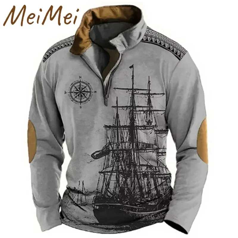 Trend Sailing Pattern Long-sleeved Shirt American 3D Men's Bottoming Personality Retro Casual Thin Sweatshirt