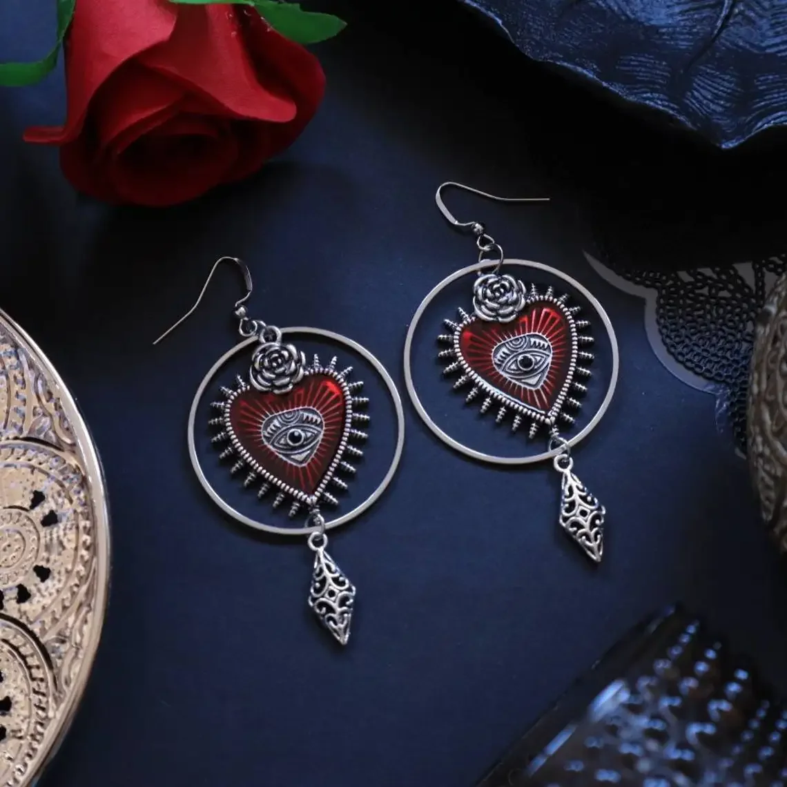 Gothic Silver Eyes Pattern Red Heart Shape Pendant Earrings