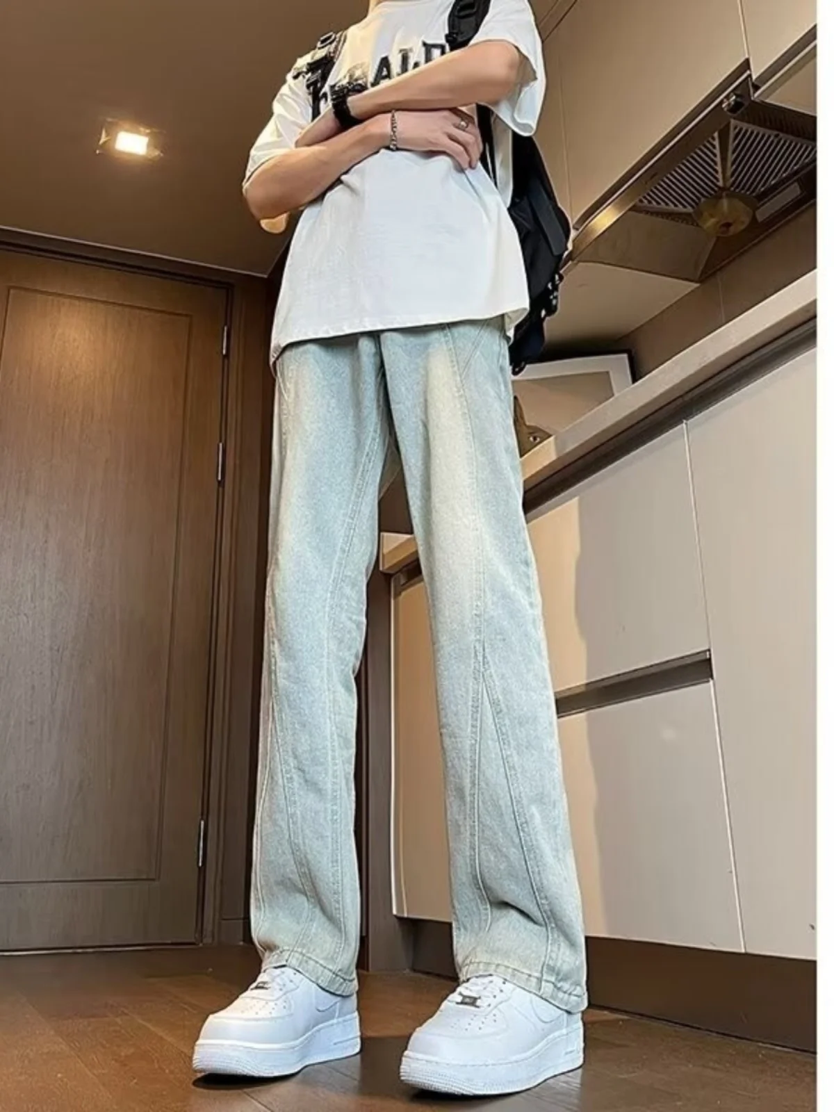 

Мужские джинсы Slim Fit Mud Yellow в американском стиле High Street Vibe, свободные прямые повседневные брюки, летние модные джинсы