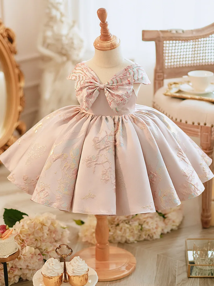 Robe tutu brodée rose fibre pour enfants, robes de princesse avec nœud, vêtements de performance pour enfants, robe de mariée pour filles